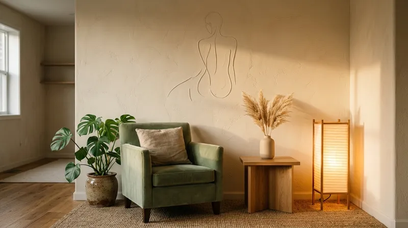 O canto de espera da clínica com um relevo em gesso, uma planta e um candeeiro quente