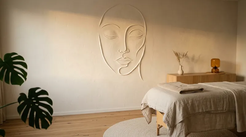 A sala de tratamentos da Monalissa, um relevo de rosto em gesso na parede com luz quente lateral