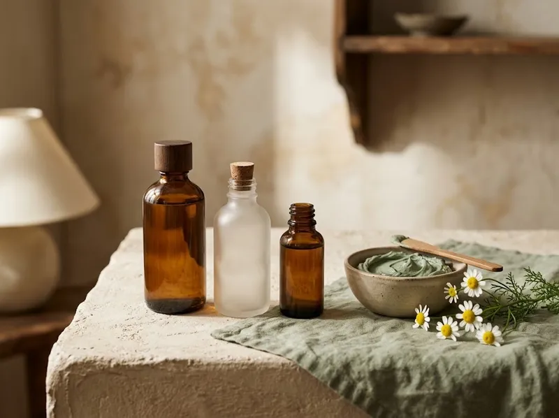 Frascos de skincare suaves e uma taça de cerâmica com luz natural
