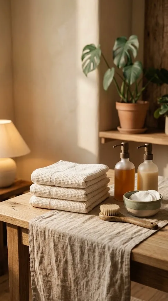 Produtos de limpeza de pele e uma toalha dobrada numa mesa com linho